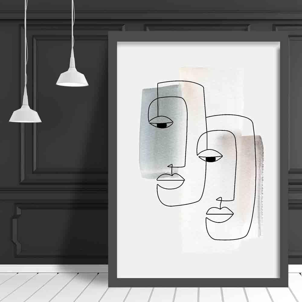Abstrakte Aquarell-Linienkunst Gesichter Wandkunstdruck 01