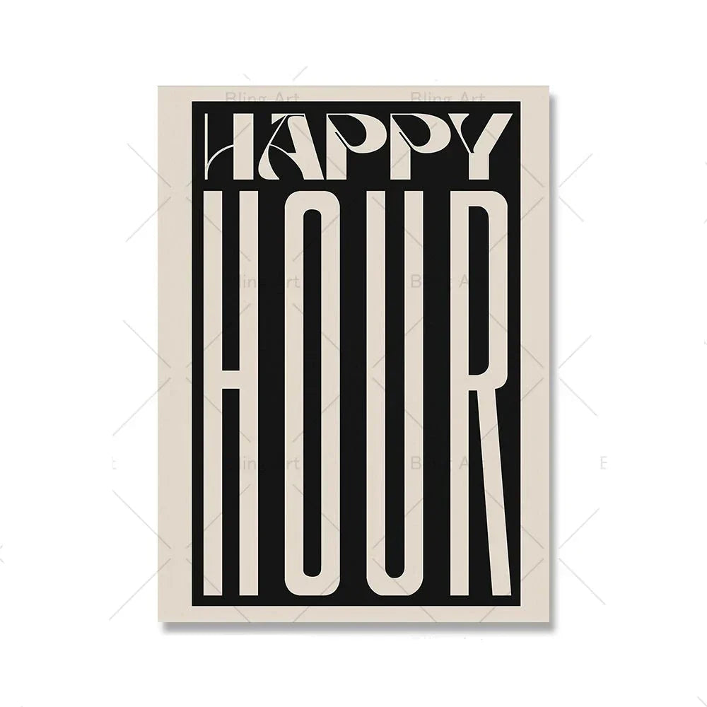 Retro Typografisch Happy Hour Bar Café Küche Wandkunst Feine Kunst Leinwanddrucke Bilder für Wohnzimmer Esszimmer Farbenfrohe Kunstdekoration | Karnz