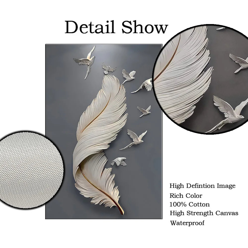 Sieben Vögel Feder Wandkunst Fine Art Leinwanddrucke 3D Visualisierung Minimalistische abstrakte Bilder für Wohnzimmer Eingang, Foyer Kunst Dekor | Karnz