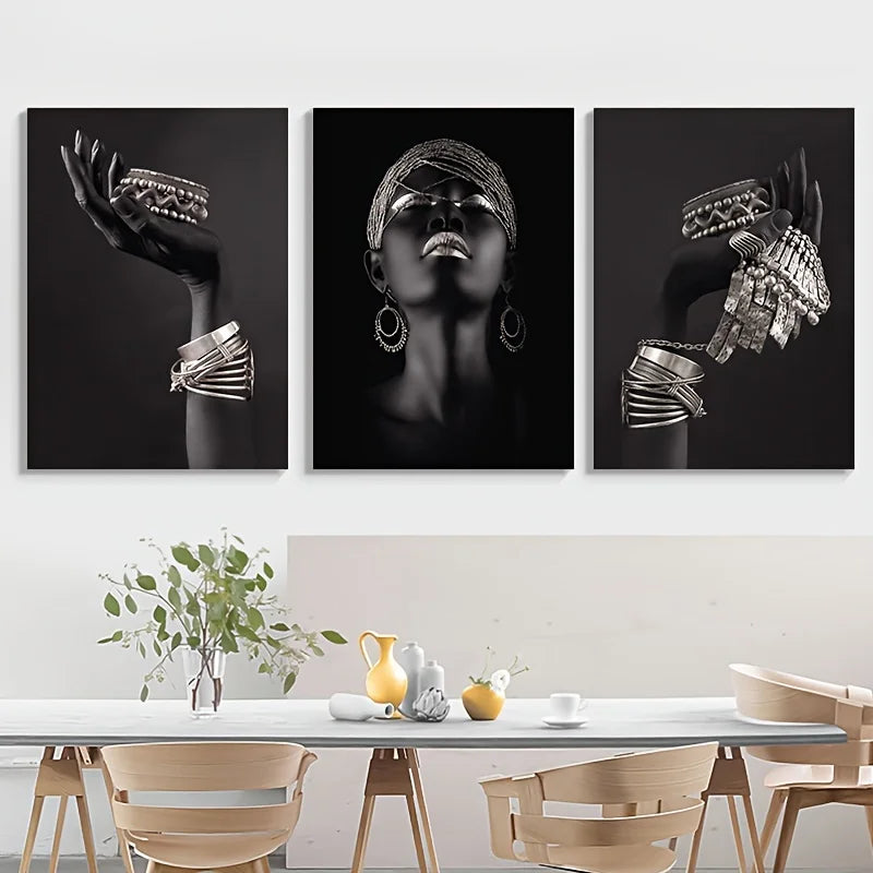 Set aus 3 Stück Schwarz Goldene Frauenporträt Wandkunst Feine Kunst Leinwanddrucke Bilder Für Luxuriöses Wohnzimmer Esszimmer Home Office Dekor | Karnz