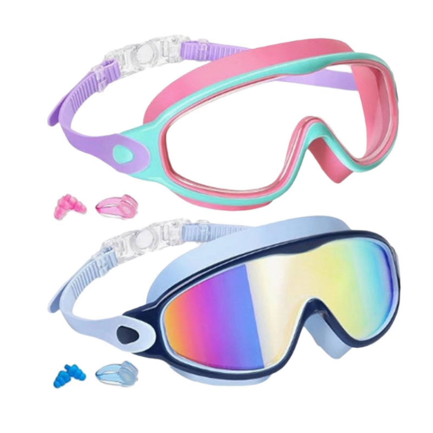Schwimmbrille - Auslaufsichere Schwimmmaske mit Panoramasicht für Kinder mit Nasenclips und Ohrstöpseln