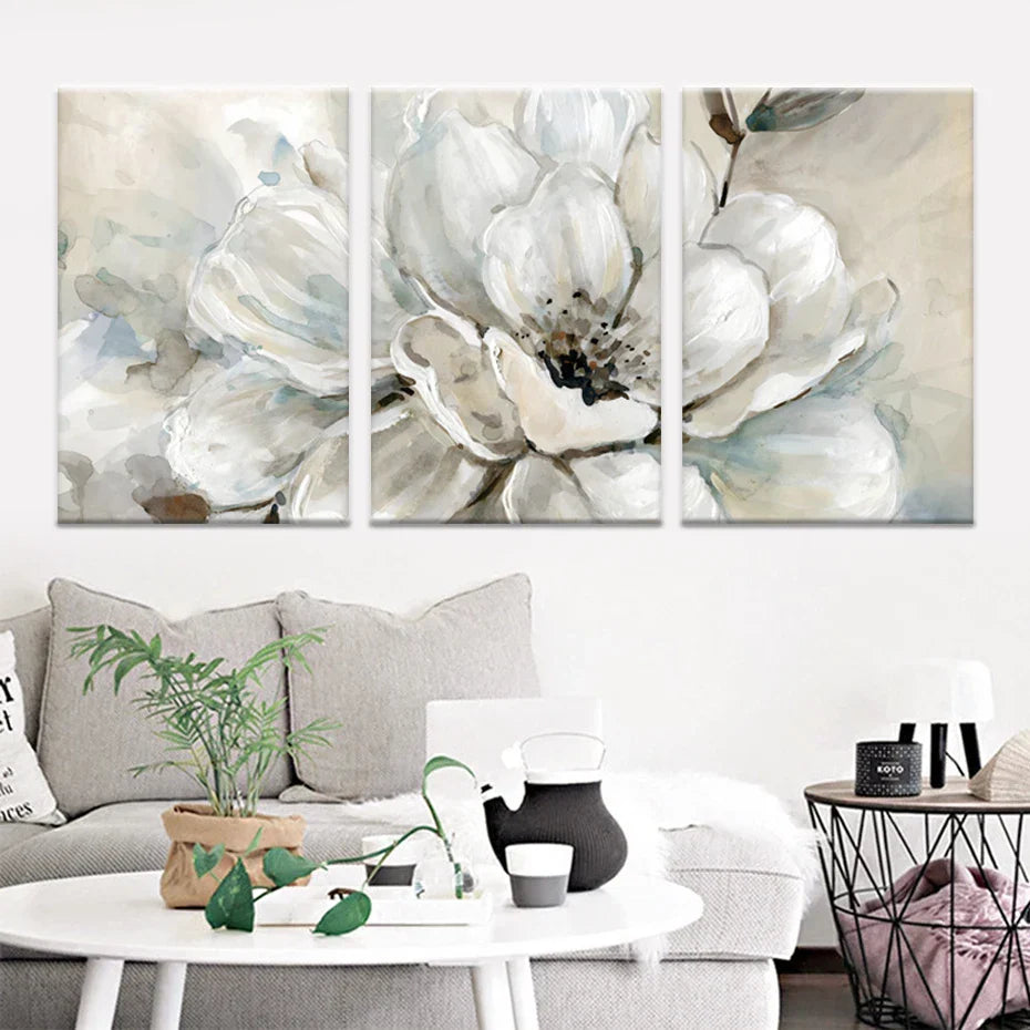 Große Beige Weiße Florale Wandkunst Fine Art Leinwanddrucke Moderne Botanische Bilder Für Wohnzimmer Esszimmer Schlafzimmer Kunst Dekor | Karnz