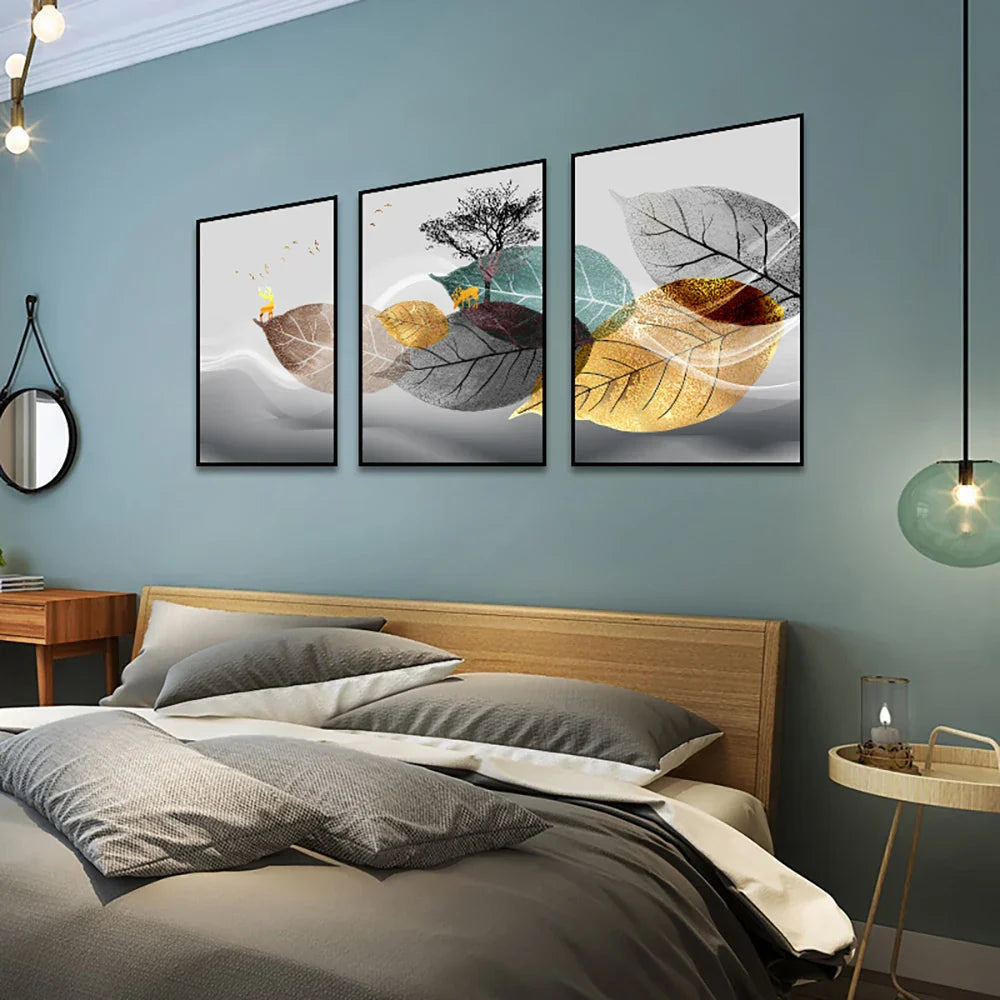 Set von 3PCS Golden Autumn Deer Wandkunst Feine Kunst Leinwanddrucke Nordic Abstract Landschaft Bilder Für Wohnzimmer Dekor