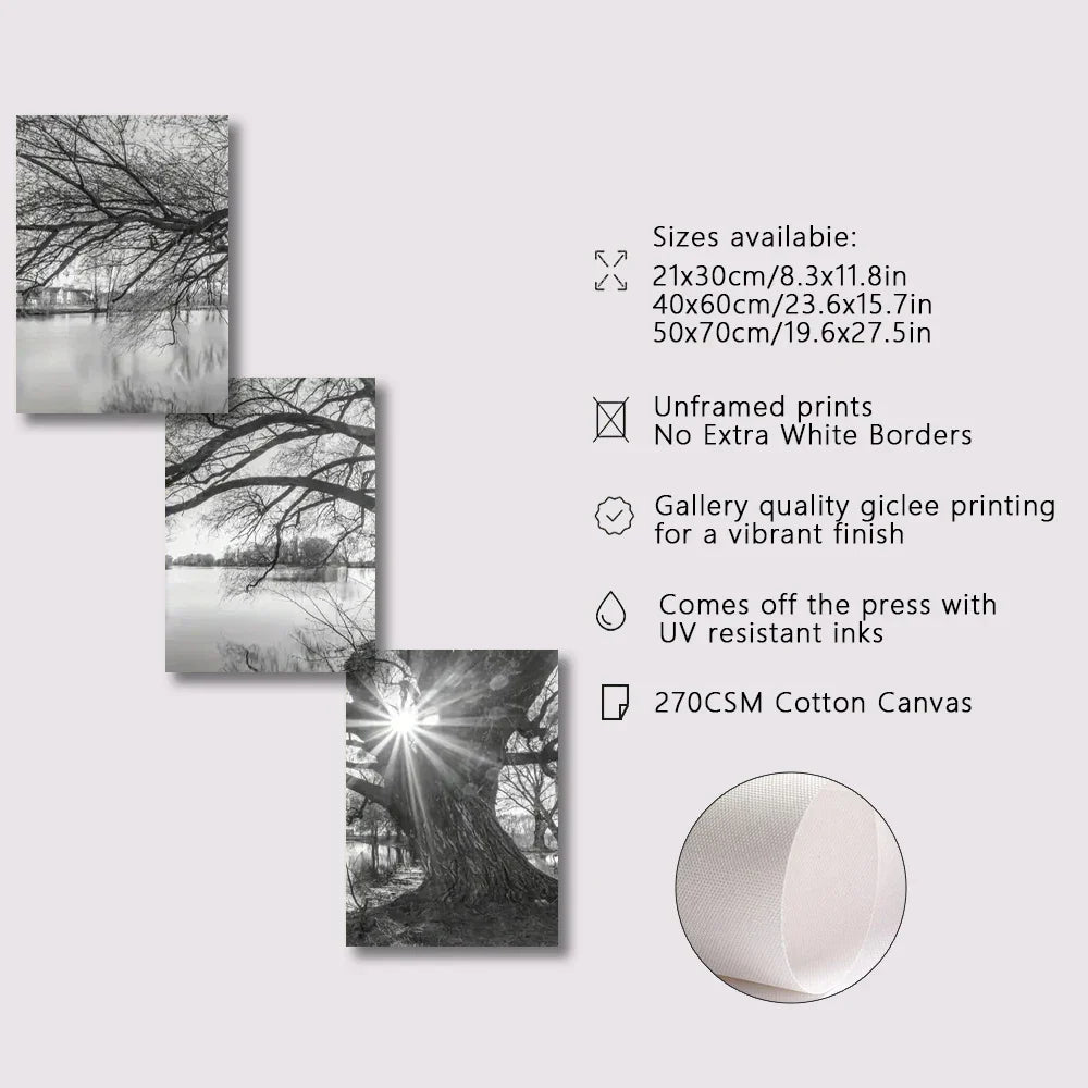 Set von 3 Stück Große Baum See Sonnenuntergang Wandkunst Fine Art Leinwanddrucke Schwarzweiß Landschaftsbilder Für Wohnzimmer Schlafzimmer Esszimmer Kunst Dekor