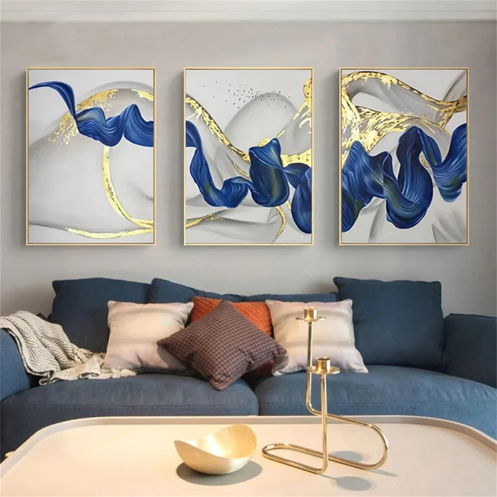 Set aus 3 Stück Blau Goldene Welle Wandkunst Feine Kunst Leinwanddrucke Bilder Für Modernes Wohnzimmer Esszimmer Hotelzimmer Dekoration