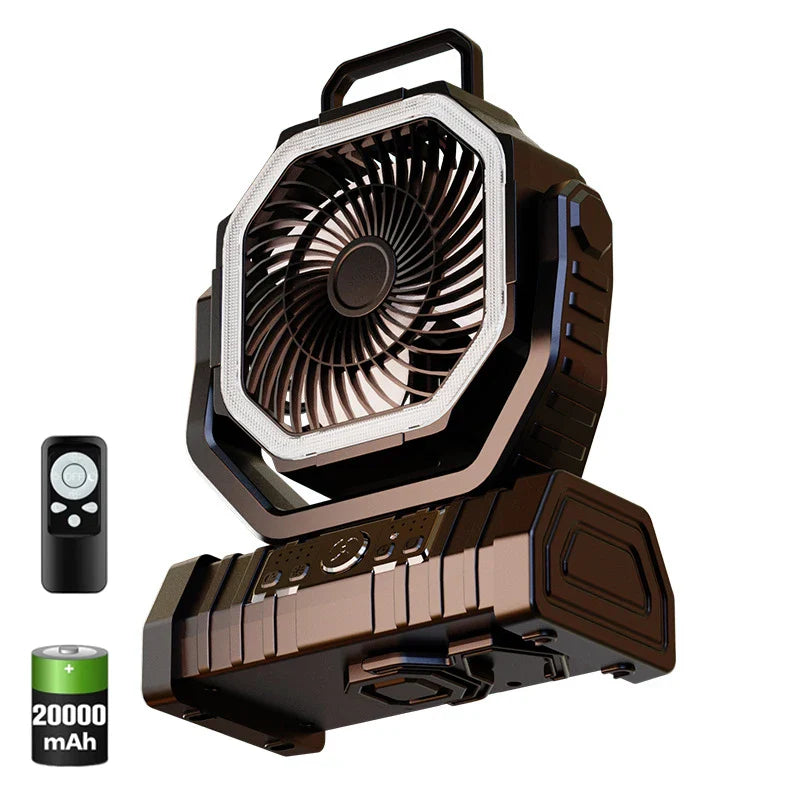 20000mAh Tragbarer Wiederaufladbarer Ventilator — Akku-Betriebene Tisch- & Camping-Lüfter mit LED-Licht & Haken für Zelt, Auto und Outdoor-Ausflüge | Karnz