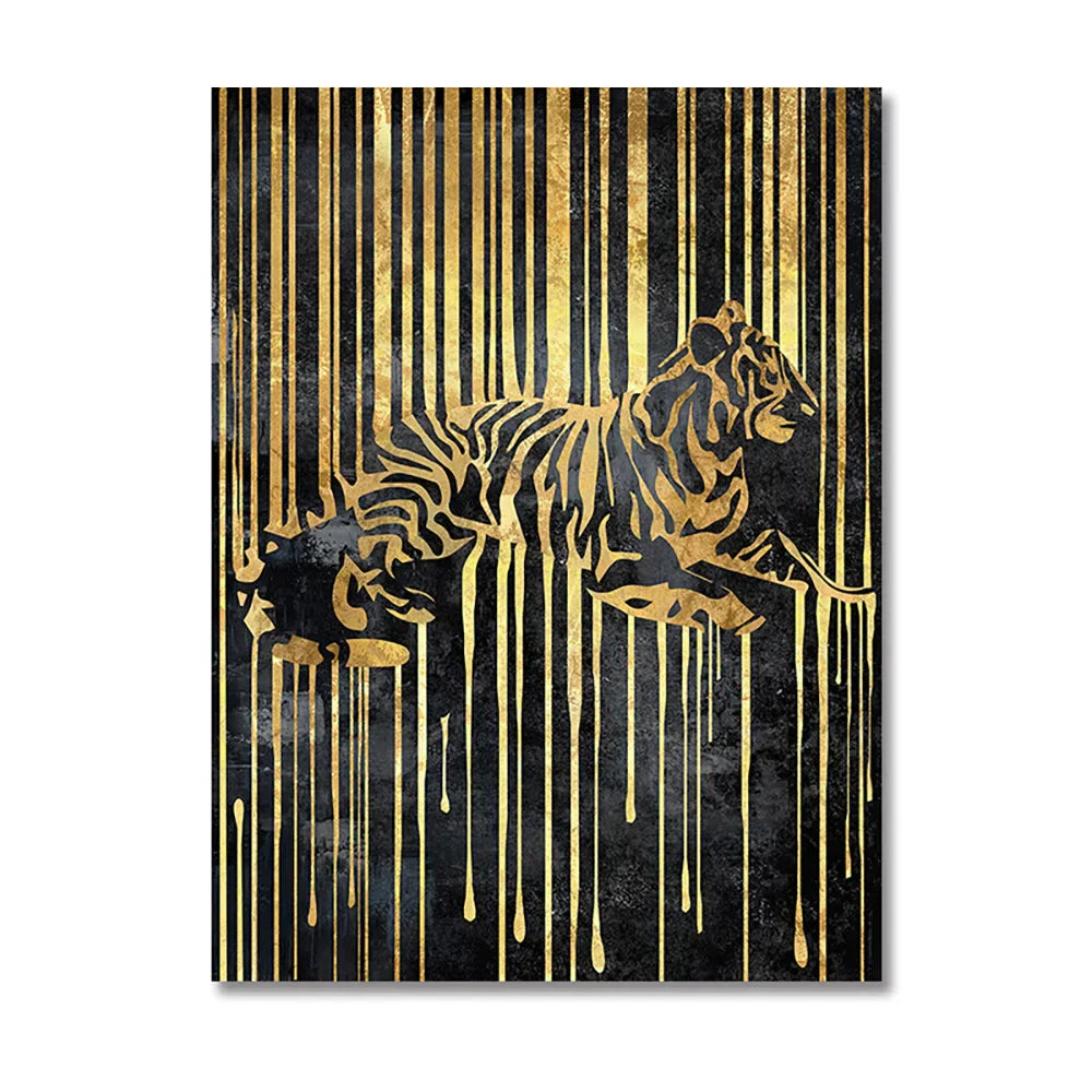 Moderne abstrakte goldene Zebra-Linien Löwe Elefant Tiger Wandkunst Fein Kunst Leinwanddrucke Bilder für luxuriöse Wohnung Wohnzimmer Esszimmer Kunstdekoration | Karnz