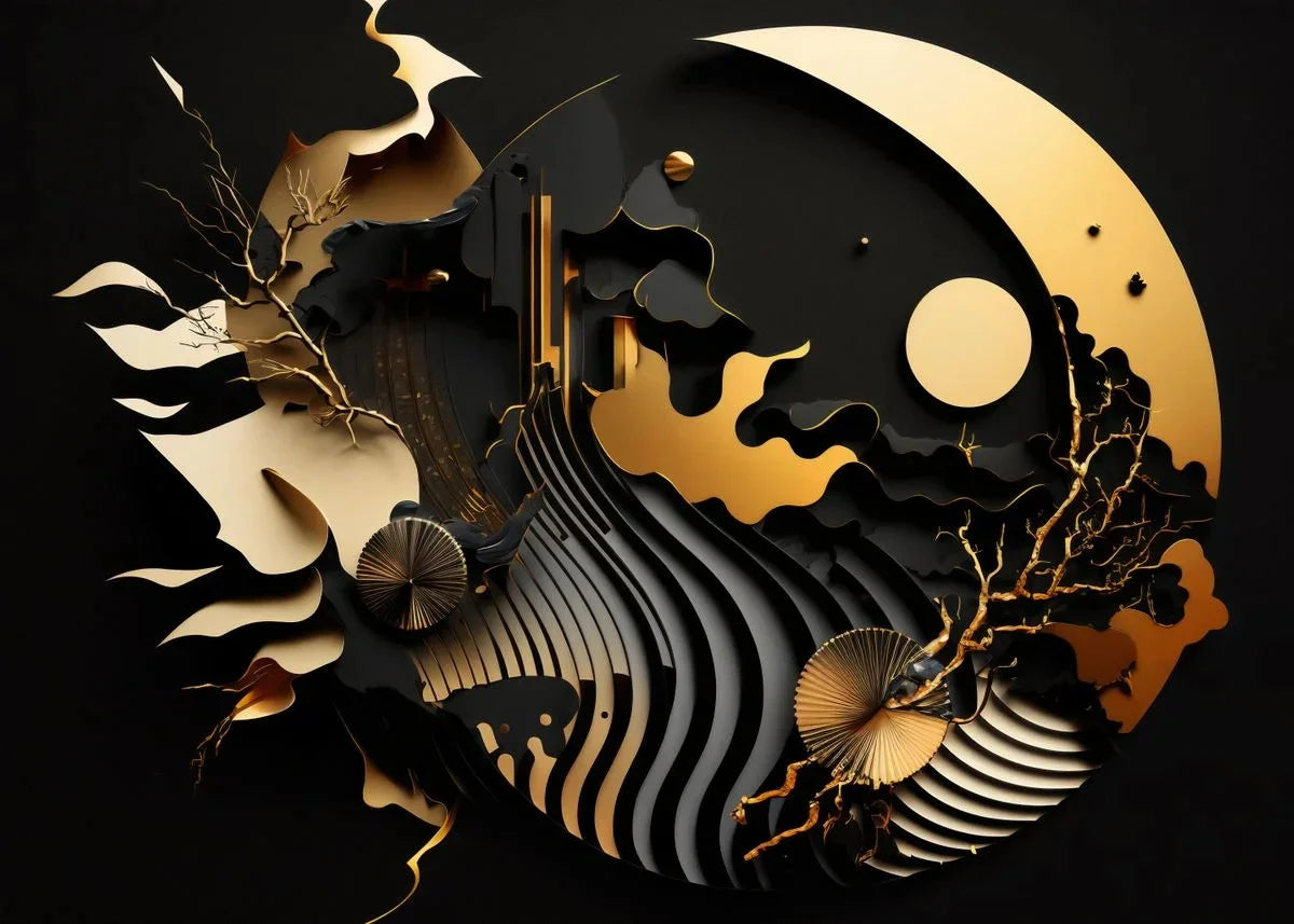 Moderne Fließende Geometrie Schwarzes Goldenes Abstraktes Wandkunst Feine Kunst Leinwanddrucke Bilder Für Wohnzimmer Esszimmer Home Office Dekor | Karnz