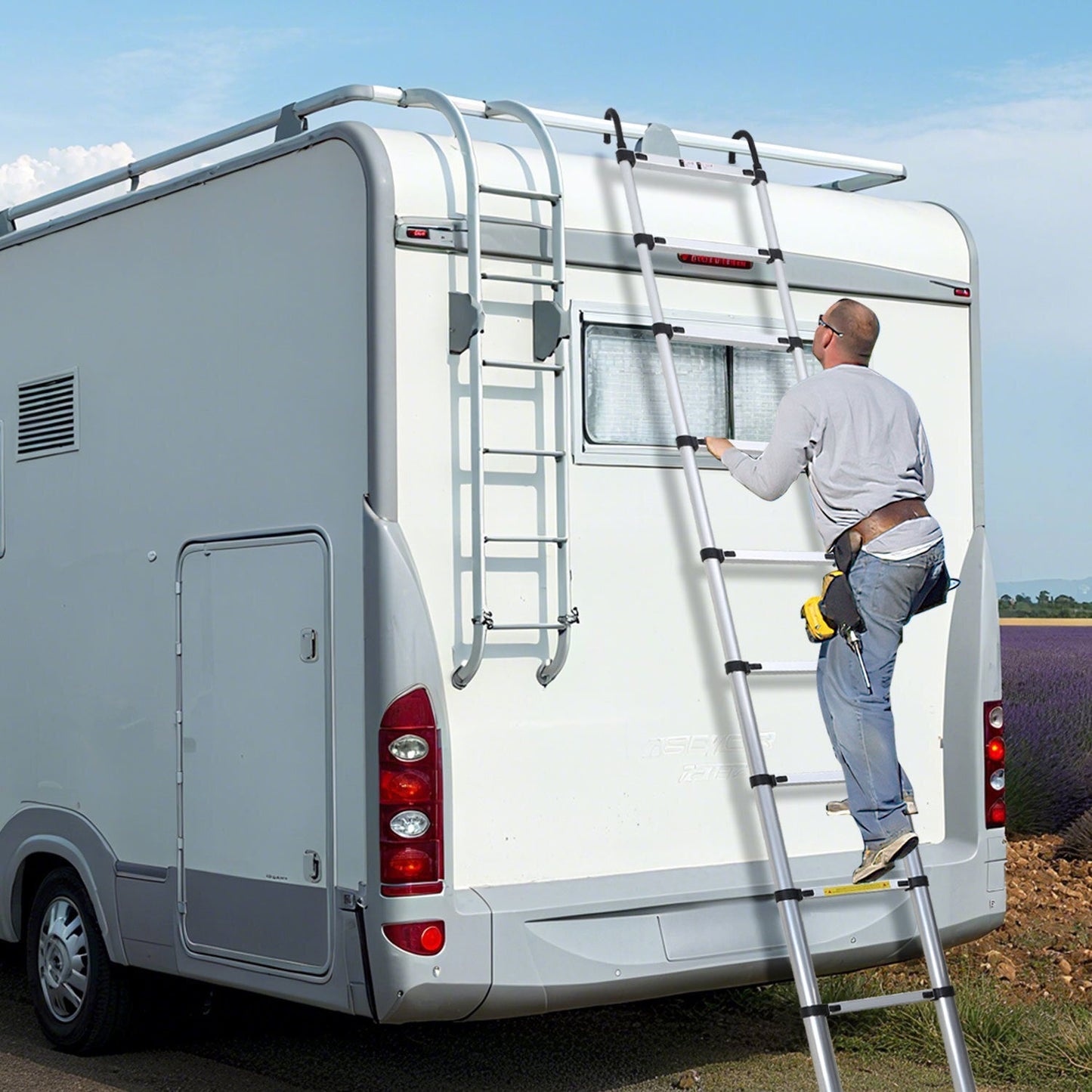 Teleskopleiter mit 2 Abnehmbarem Haken mit Stabilisator | Karnz