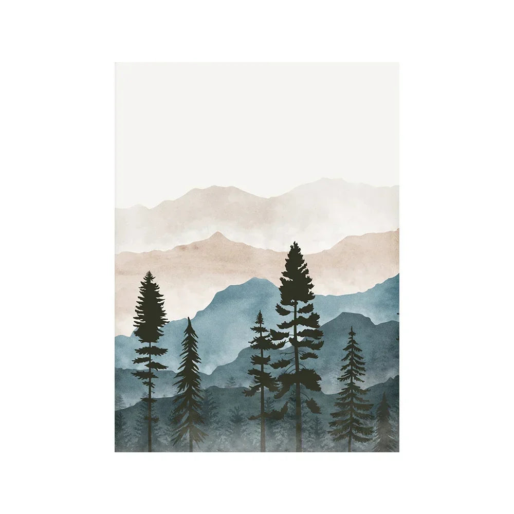 Wald Wildnis Berg Aquarell Wandkunst Fine Art Leinwanddrucke Nordische Landschaftsbilder Poster für Wohnraum Kunst Dekor