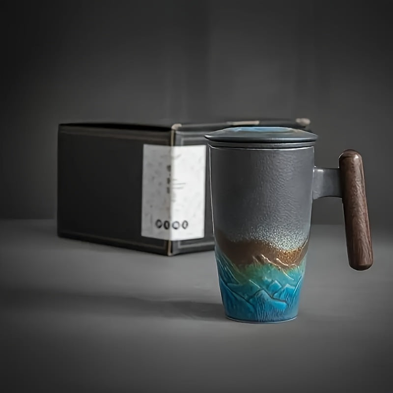 Karnz | TeaCraft Ceramic Mug | Handcrafted | With Tea Filter and Wooden Handle | Retro Design