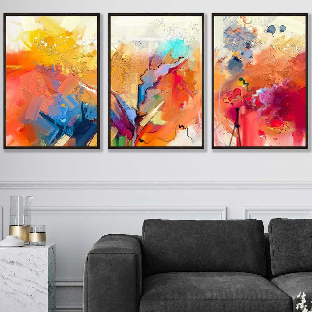 Abstraktes, farbenfrohes Set aus 3 Wandbildern in Orange, Rosa und Rot