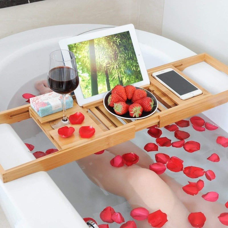Aurevo Bambus-Badewannenablage | Ausziehbare Luxus-Badewannenablage mit Weinglas- und Buchhalter