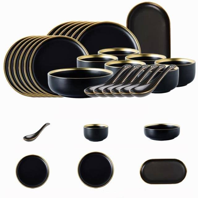 Schwarze Porzellan-Dinner-Teller Geschirr Teller und Schalen Set Geschirr Set | Karnz