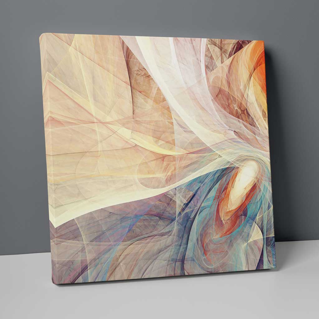 Abstraktes Fraktal in Creme, Orange und Blau Nr. 1, Kunstdruck auf Leinwand