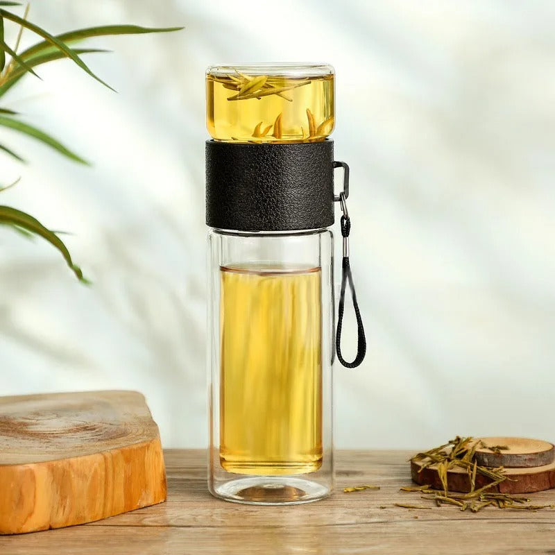Thermobecher mit Teefilter – Glas & Holz – Doppelwandig – 500 ml – ClearTherm | Karnz