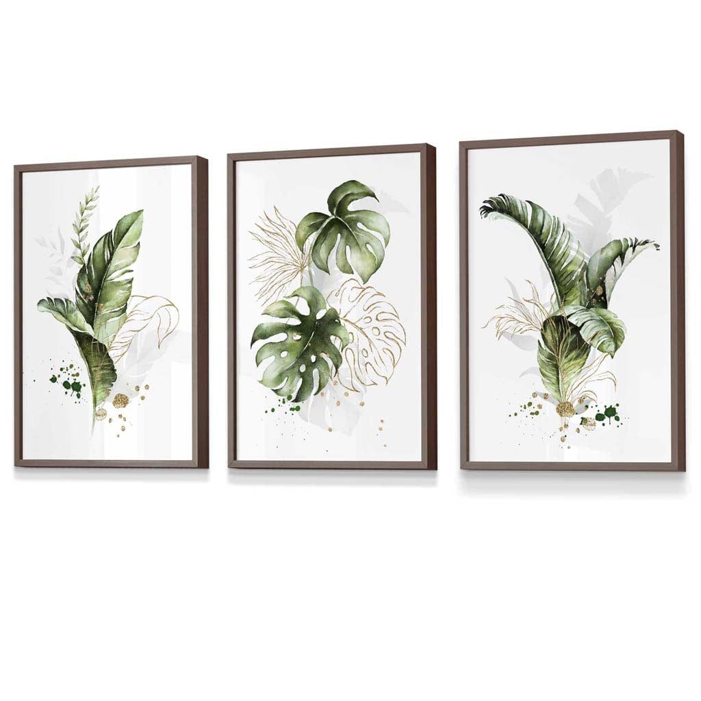 Botanisches Set aus 3 grünen und goldenen Blumen-Wandbildern in Rahmen
