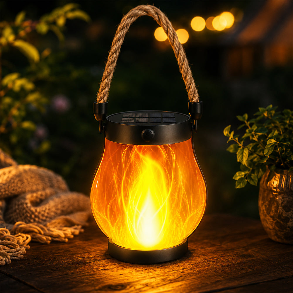 Solar-Laterne Ø12 cm mit Flammeneffekt-Licht und Hanfseil | Karnz