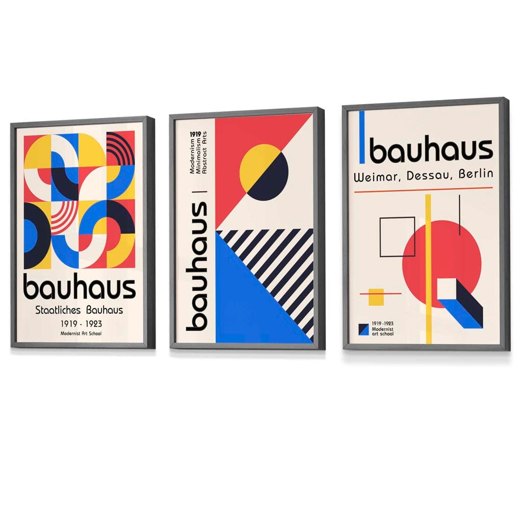 Bauhaus-Muster, rot, blau und gelb, geometrisches Design, 3-teiliges Set gerahmter Kunstdrucke
