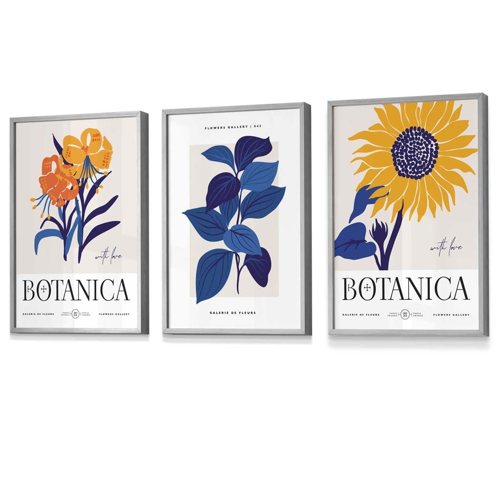 Set aus 3 gerahmten Wandbildern mit Sonnenblumenmotiv im Boho-Stil, blau & gelb
