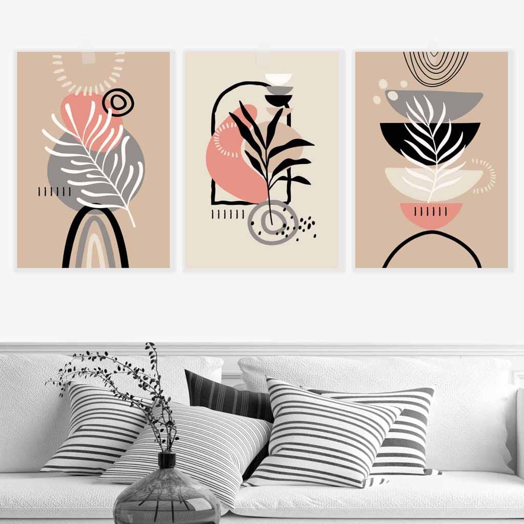 Boho-Stil, abstraktes 3er-Set Wandbilder in Rosa, Schwarz, Beige und Grau