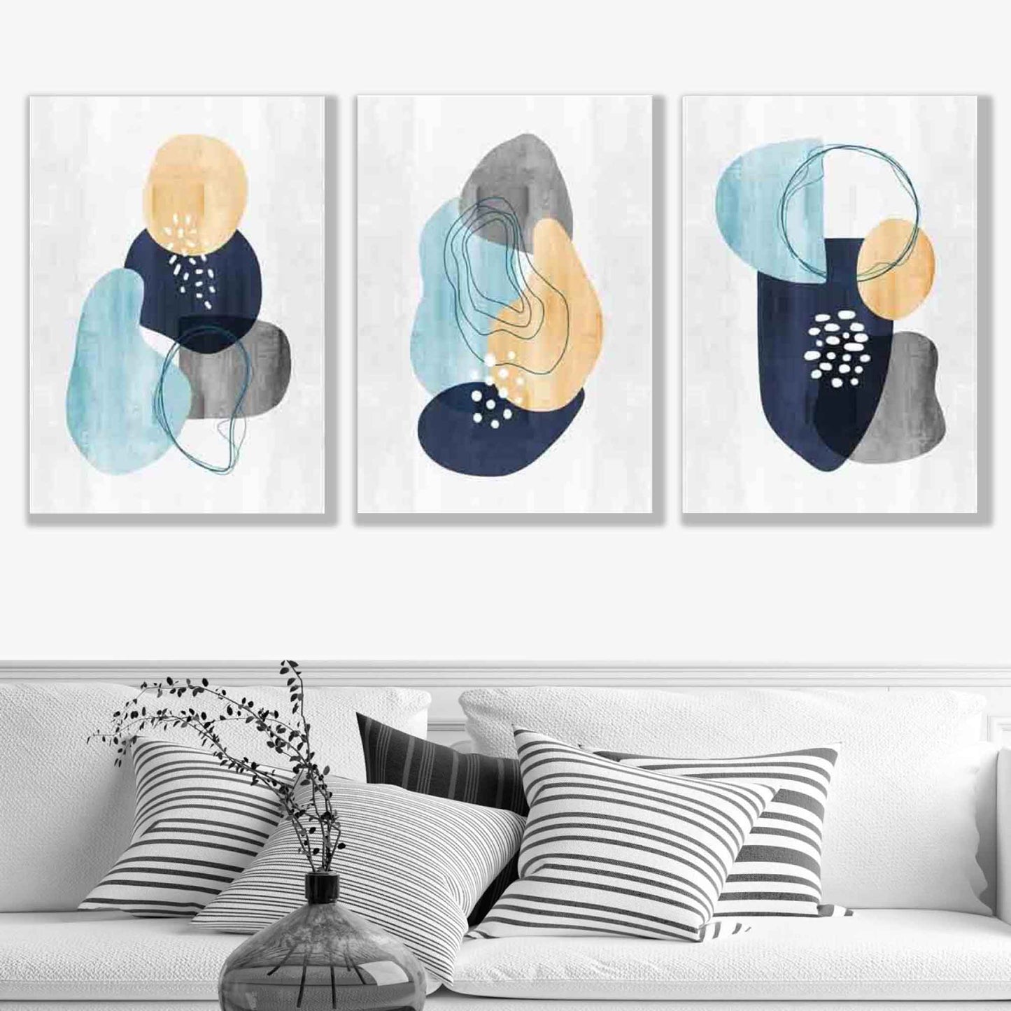 Abstraktes Set aus 3 Kunstdrucken in Marinegrau und Gelb