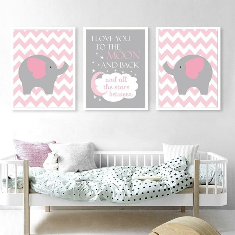 Nordischer Cartoon-Elefant mit rosa Mond - Leinwandbild