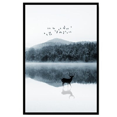 Nordische Landschaft mit Hirschen – Leinwandbild