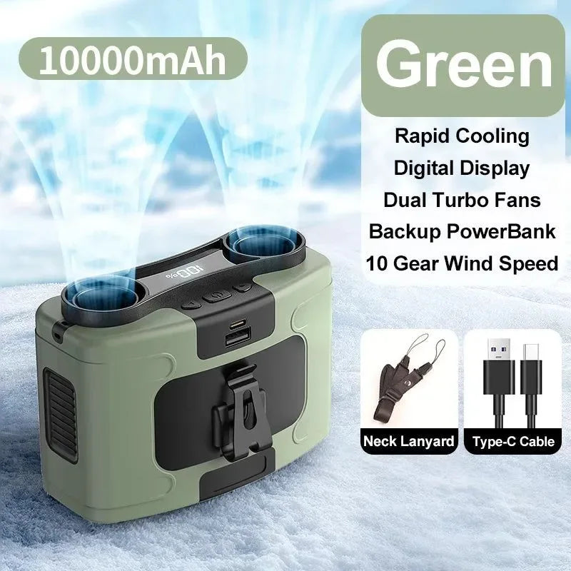 10000mAh Tragbarer Outdoor Taillenventilator – Hängender Hals & Starker Wind mit Powerbank & LED-Beleuchtung | Karnz