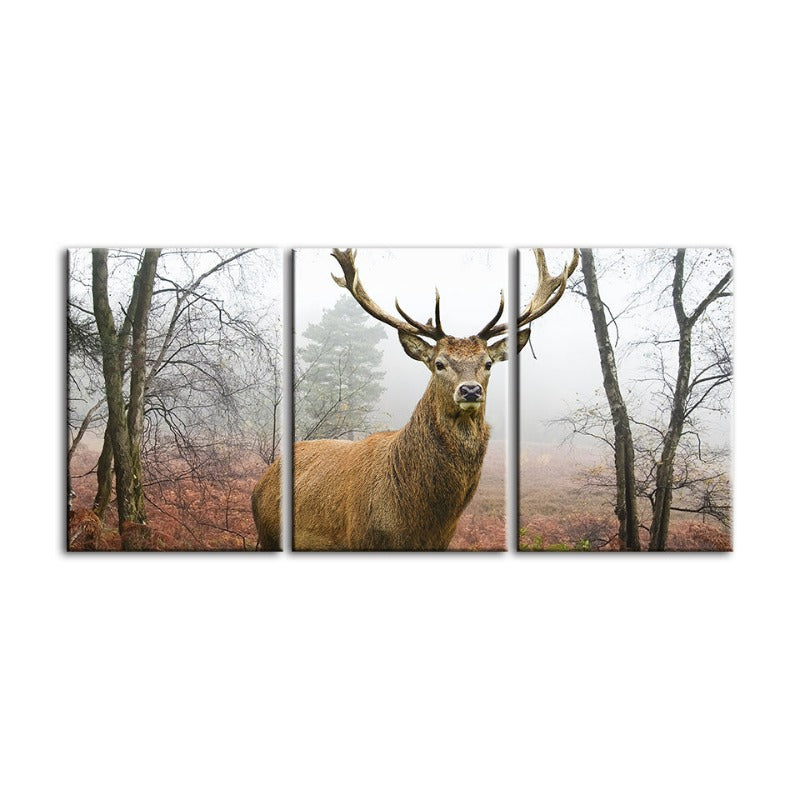 Herbstlicher Hirsch im Nebel – 3-teiliges Leinwandbild