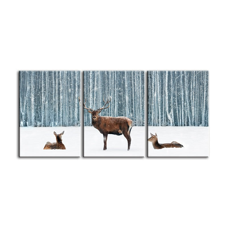 Zwei Rehe und ein Hirsch im Winter - Leinwandbild, 3-teilig