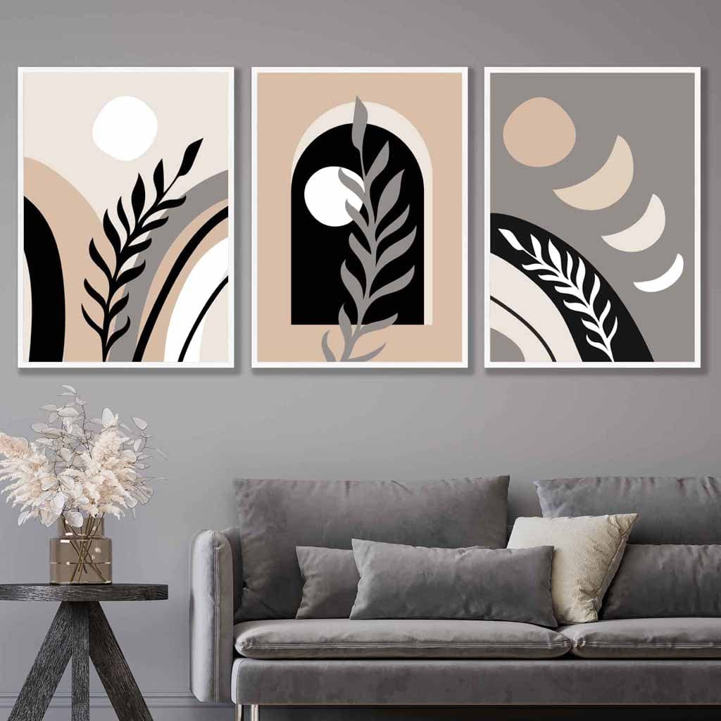 Boho-Stil, abstraktes 3er-Set Wandbilder in Schwarz, Beige und Grau