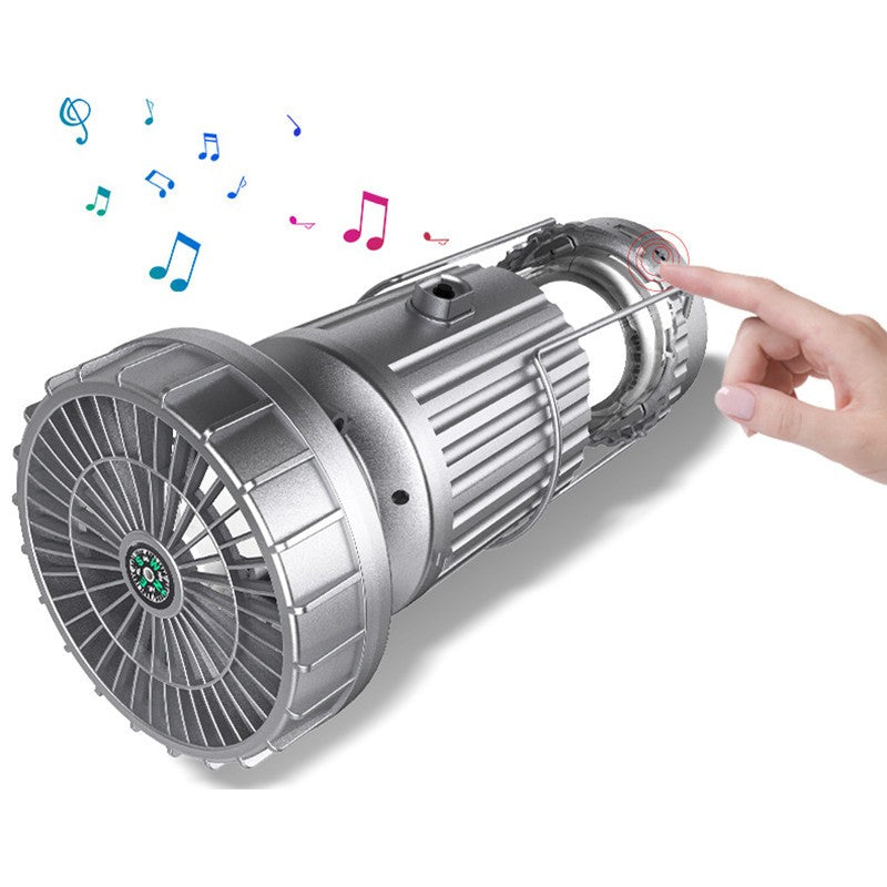 Multifunktionales Solar-Campinglicht mit Ventilator, Bluetooth-Lautsprecher, Powerbank & Kompass | Karnz