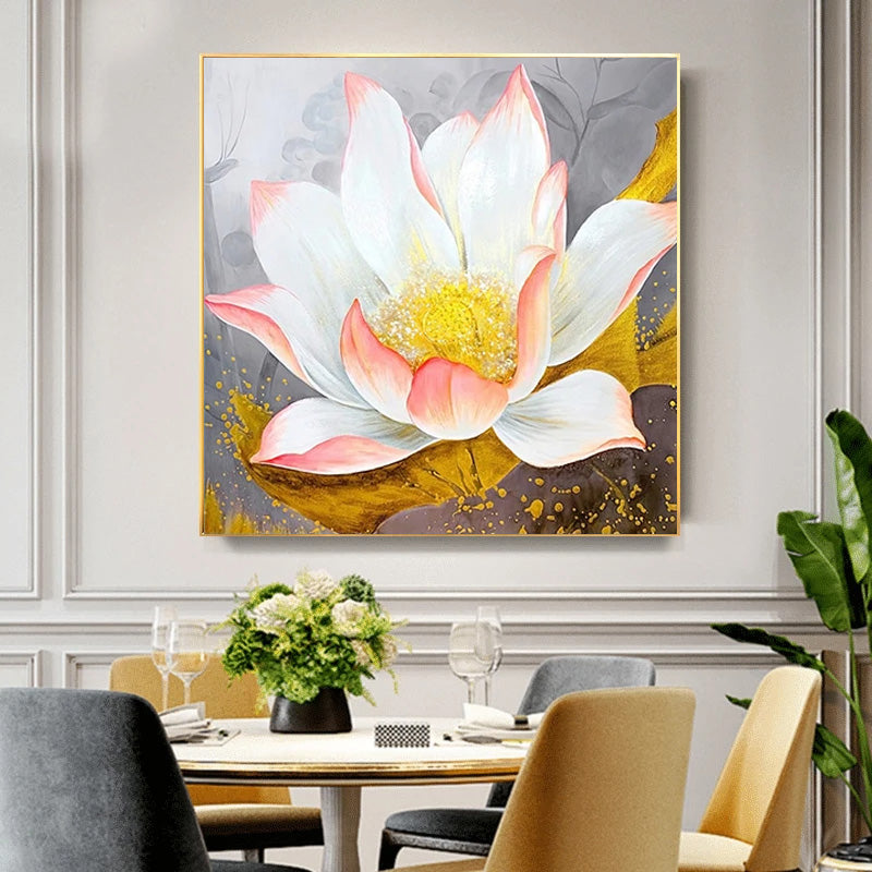 Moderne abstrakte Blumen Wandkunst Fine Art Leinwanddrucke quadratisches Format weiße goldene Blumenbilder für Wohnzimmer Schlafzimmer Kunstdekoration
