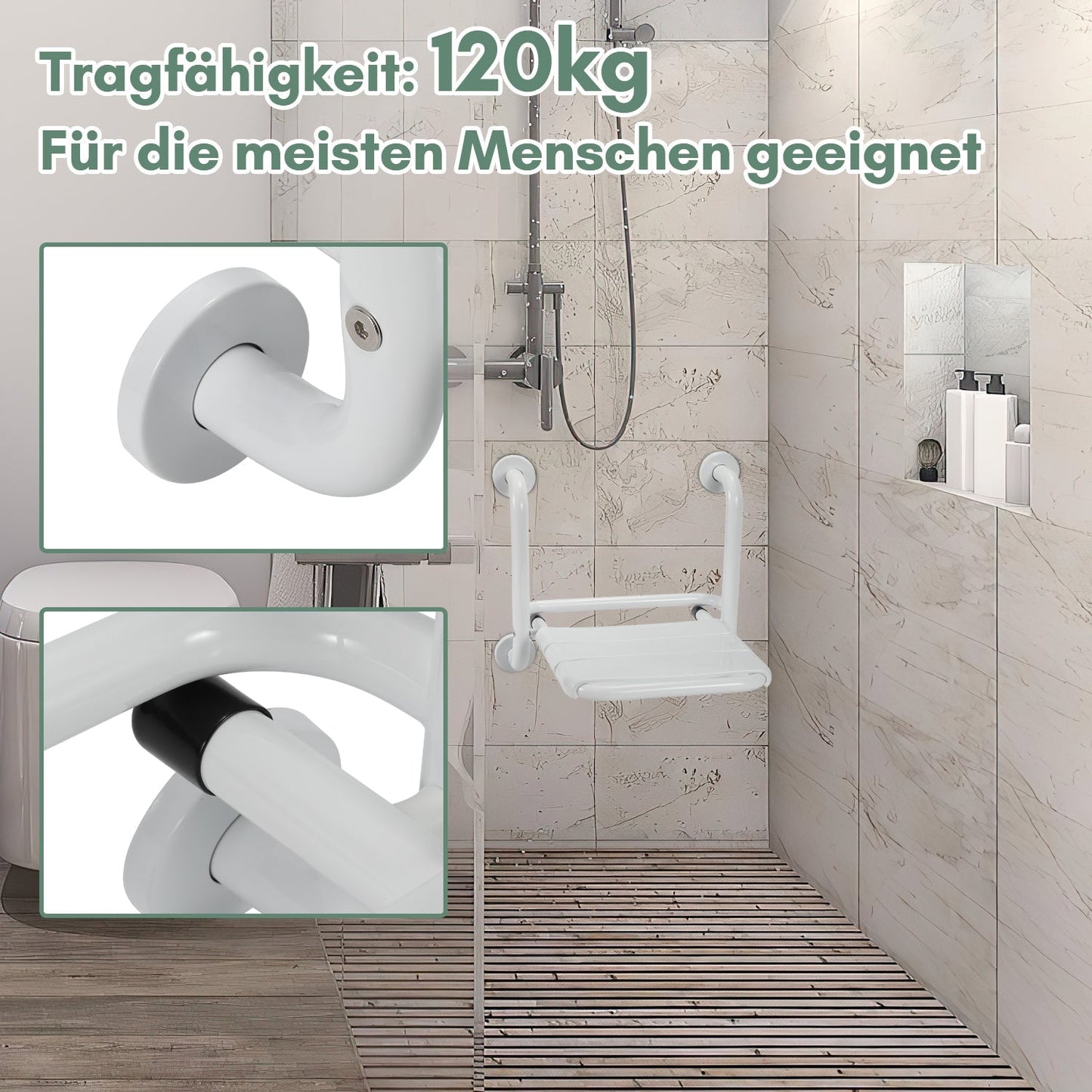 Duschklappsitz Klappbar mit Armlehnen Wandmontage | Karnz