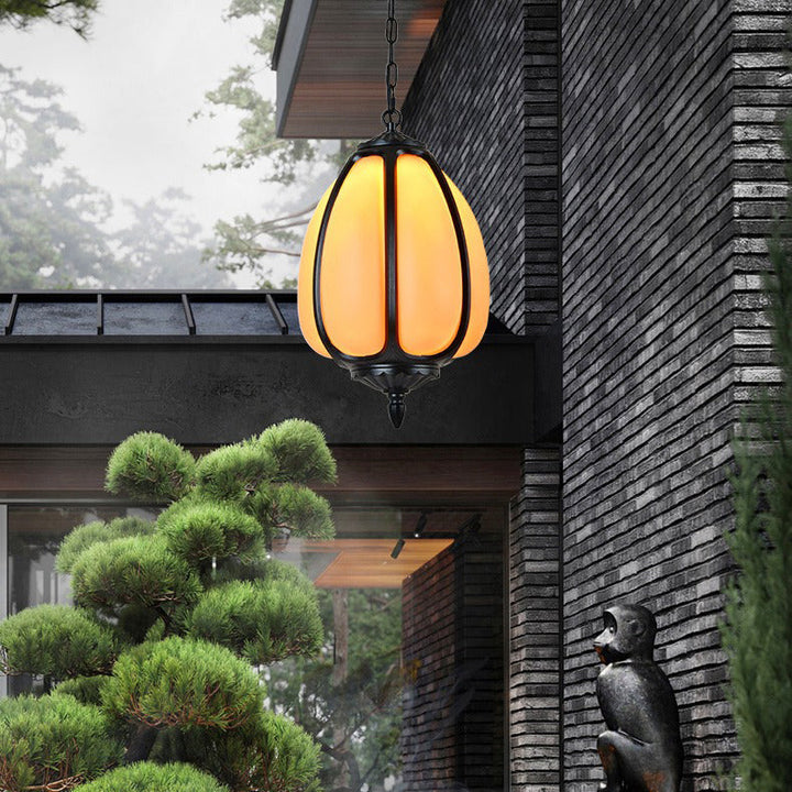 Traditionelle chinesische wasserdichte Aluminium-PC-Dolomit elliptische Kürbis 1-Licht Pendelleuchte für Außenpatio | Karnz