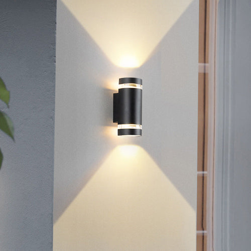 Zeitgenössischer industrieller wasserdichter Aluminiumzylinder LED Auf- und Abwärts leuchtender Spot-Wandleuchte für den Außenbereich Patio | Karnz