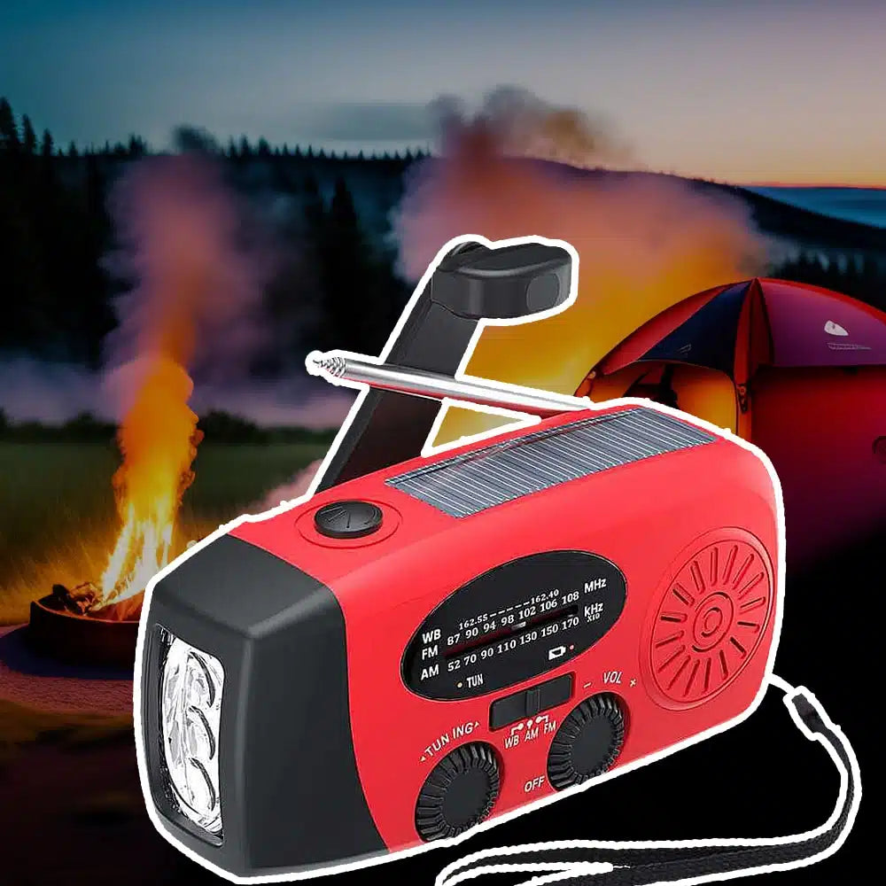 Notfallradio FM/AM mit integrierten Solarzellen, Taschenlampe, Powerbank & Handkurbel | Karnz
