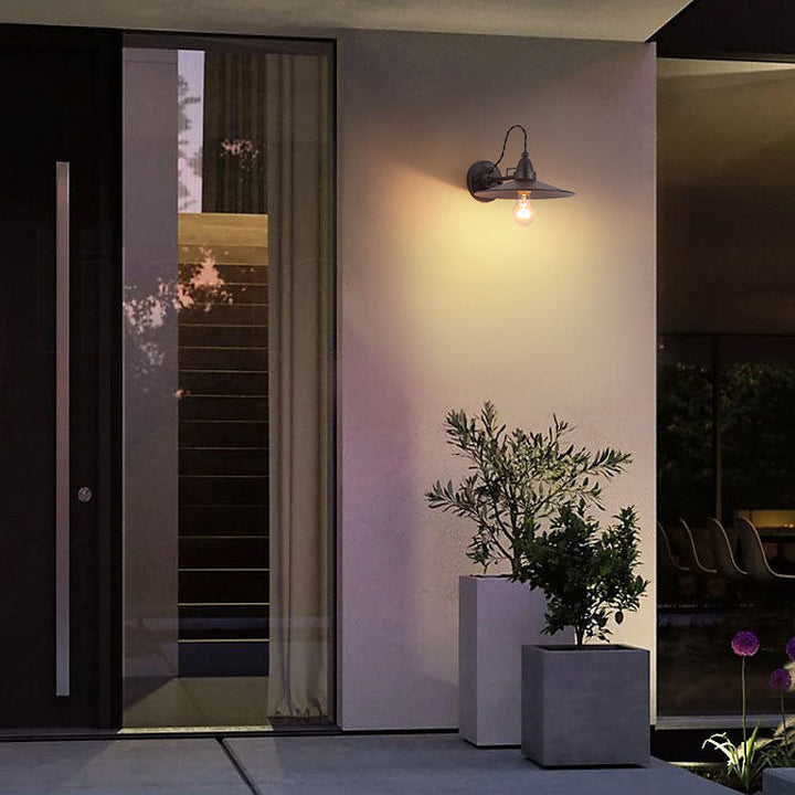 Zeitgenössische industrielle wasserdichte Metallplatten-Schüssel 1-Licht Wandleuchte Lampe für Außenpatio | Karnz