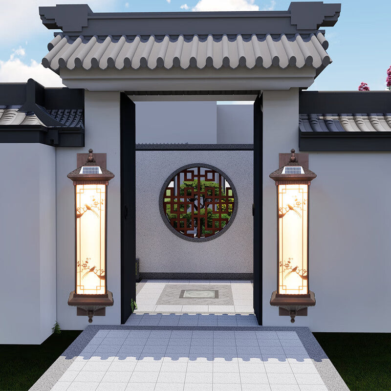 Traditionelle chinesische rechteckige Aluminium-Glas-Solar-LED-Wandleuchte für Garten | Karnz