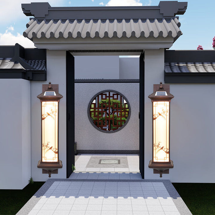 Traditionelle chinesische rechteckige Aluminium-Glas-Solar-LED-Wandleuchte für Garten | Karnz