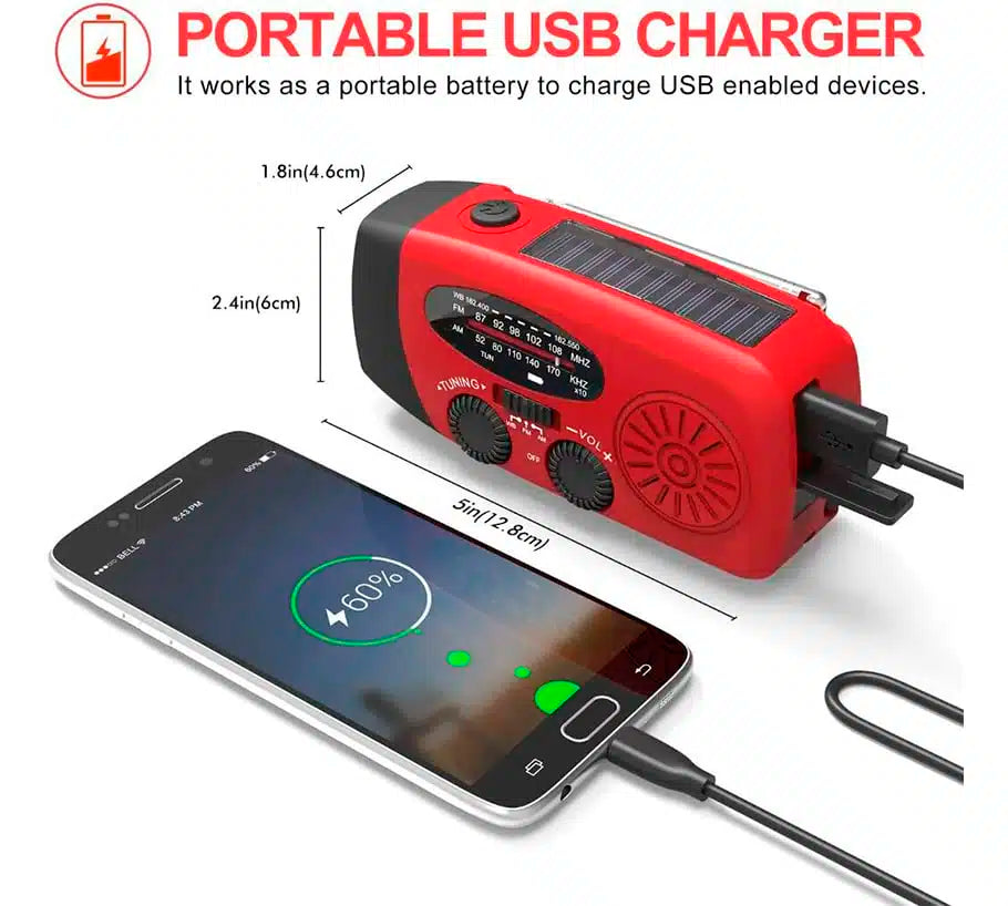 Notfallradio FM/AM mit integrierten Solarzellen, Taschenlampe, Powerbank & Handkurbel | Karnz