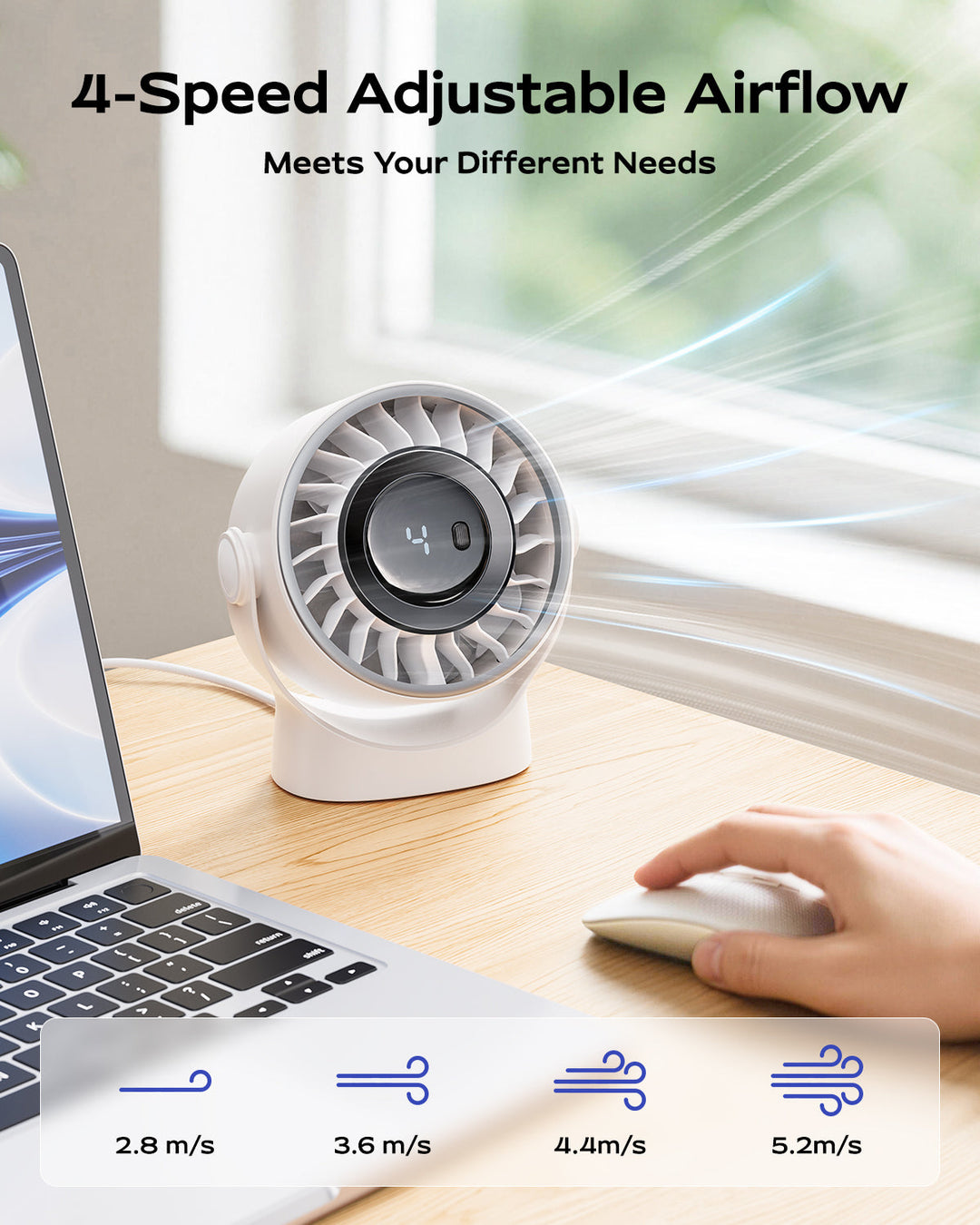 4-Geschwindigkeits-USB wiederaufladbarer Desktop-Lüfter mit intelligentem LED-Display | Karnz