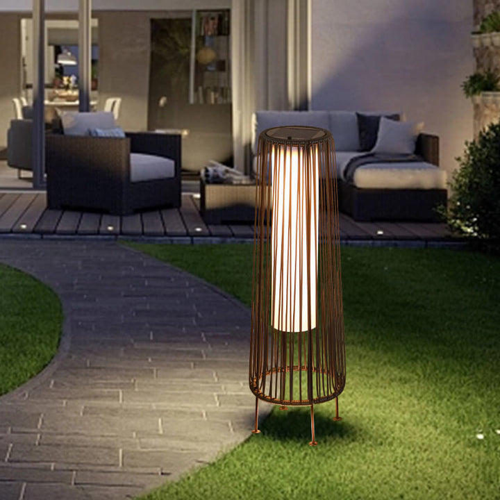 Modern Shabby Chic Solar Rund Trapezförmiges Eisen Rattan Korb LED Außenleuchte Für Außenpatio | Karnz