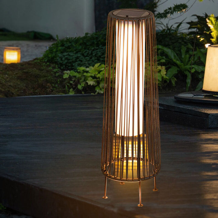 Modern Shabby Chic Solar Rund Trapezförmiges Eisen Rattan Korb LED Außenleuchte Für Außenpatio | Karnz