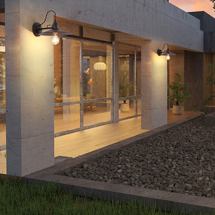 Zeitgenössische industrielle wasserdichte Metallplatten-Schüssel 1-Licht Wandleuchte Lampe für Außenpatio | Karnz