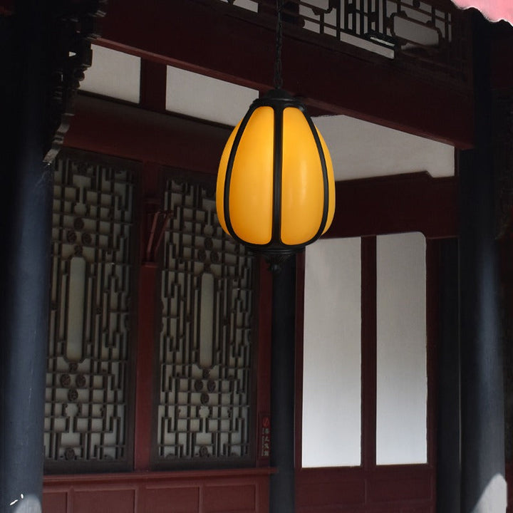 Traditionelle chinesische wasserdichte Aluminium-PC-Dolomit elliptische Kürbis 1-Licht Pendelleuchte für Außenpatio | Karnz