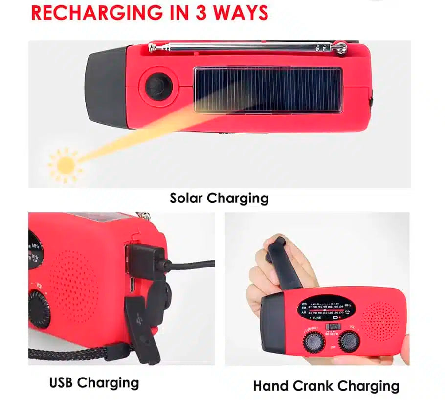 Notfallradio FM/AM mit integrierten Solarzellen, Taschenlampe, Powerbank & Handkurbel | Karnz