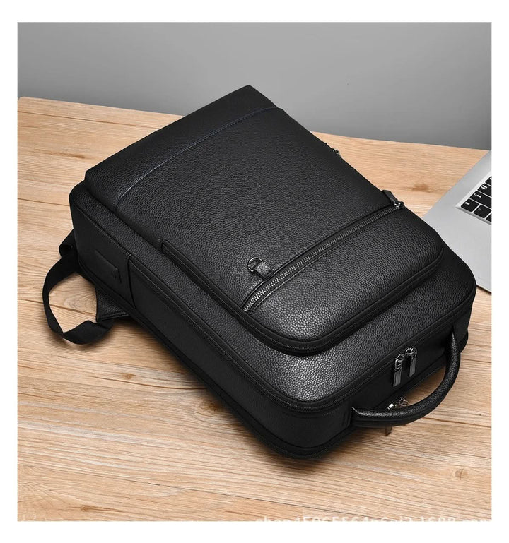 Eleganter Lederrucksack für Damen und Herren mit USB-Anschluss für Laptop und den täglichen Gebrauch, 15,6 Zoll, schwarz