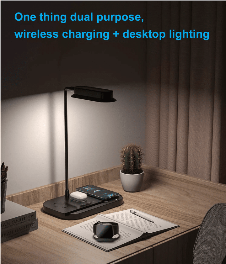 LED-Tischlampe mit Dimmer und kabellosem Ladegerät für Smartphones (4-in-1) | Karnz